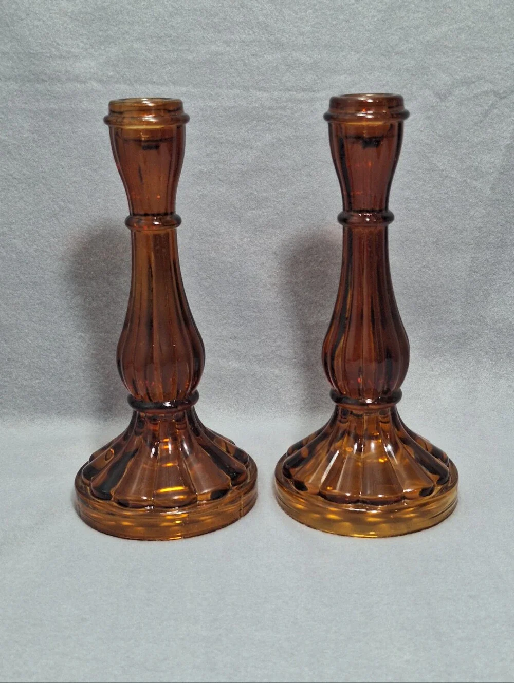 Pair Of Amber Glass 8 Inch Taper Candle Holders Fall Autumn Thanksgiving Decor